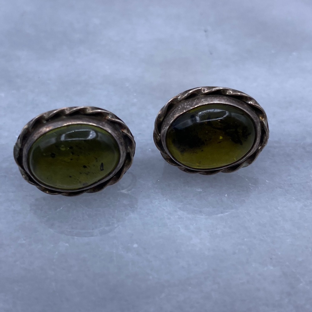 Taxco Mexico Womens OS‎ Stud Earrings Green Amber Sterling Silver 925 Oval Rope